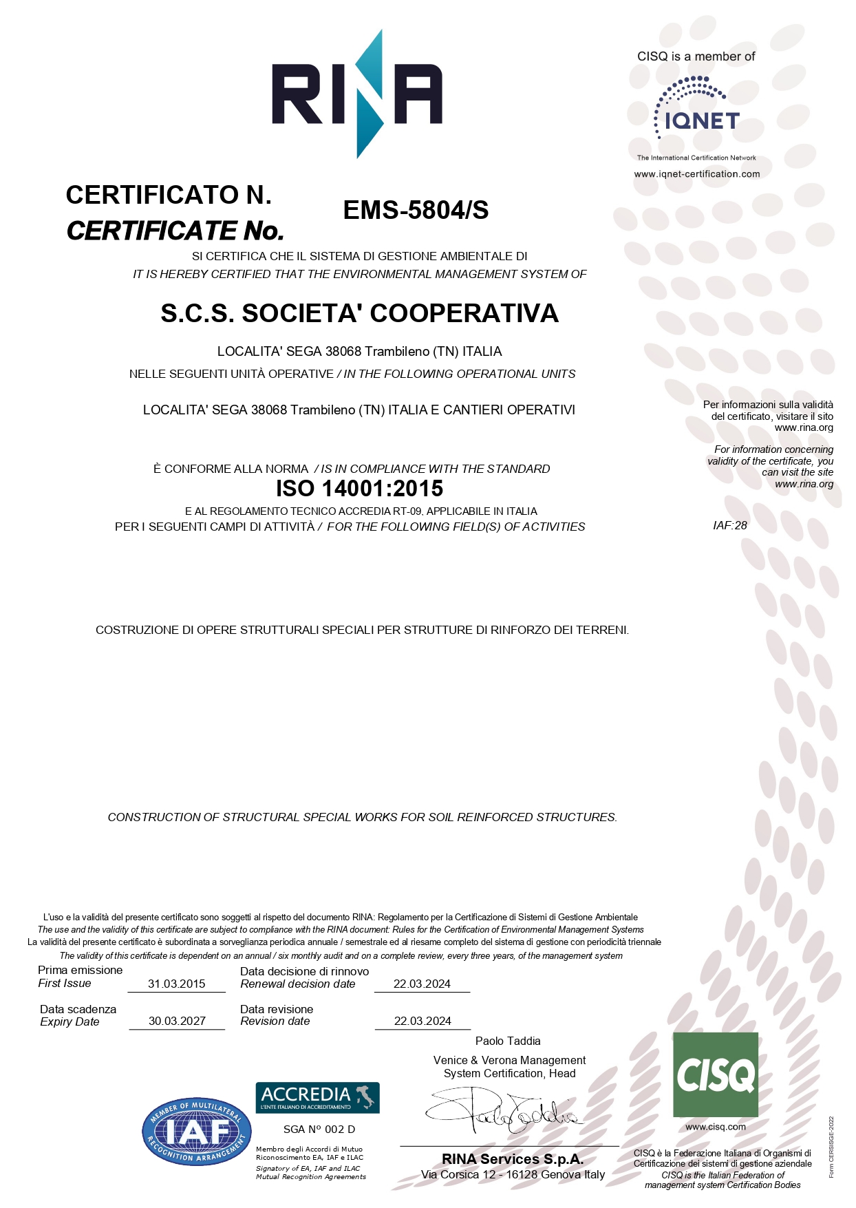 ISO 14001:2015 ISO Certificazione sistema ambientale